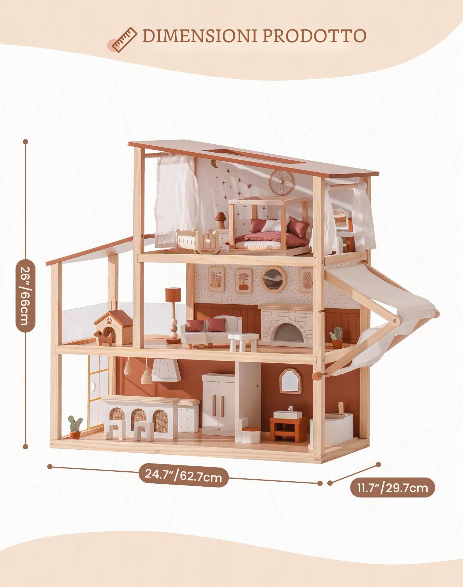 ROBOTIME Casa delle bambole in legno, bohémien con mobili e accessori, giochi a 3 livelli con tenda regolabile ed elementi in rattan, stile marrone kaki, regalo fantasioso