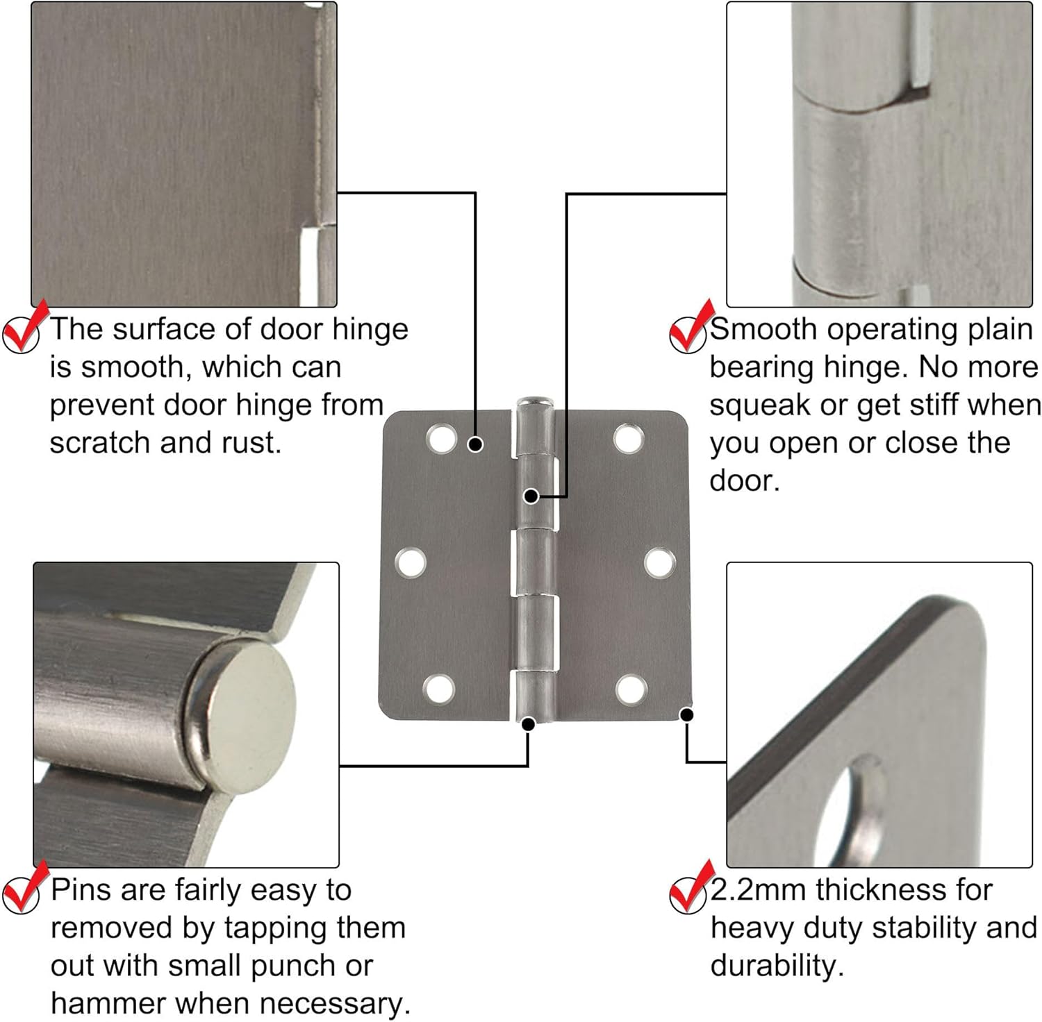 Satin Nickel 3.5 Interior Door Hinges for Doors 3.5 Inch Door Hinges 1/4 Inch Radius Corner Door Butt Thickness 2.2 MM 50 Pack