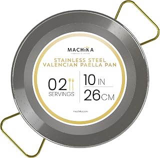 Machika 10 inch Stainless Steel Paella Pan, 26 cm Stainless Steel Large Skillet From Spain, Great for Paella Parties Indoors, Outdoors, Camping & More, Imported Spanish Paellera, Made by Garcima