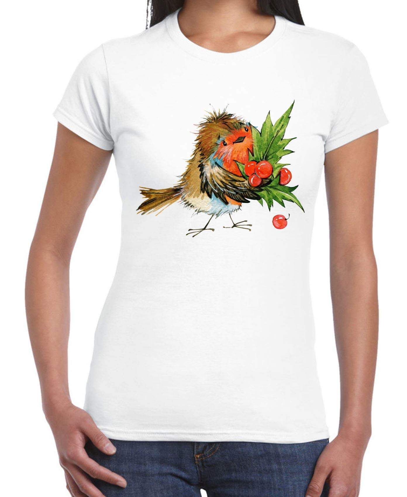Tribal T-Shirts Christmas Robin with Holly Women's T-Shirt (Medium, White)
