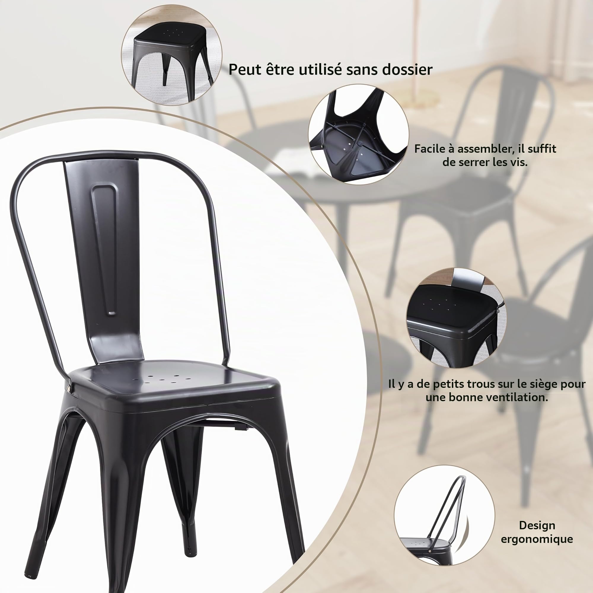 GrandCA HOME Lot de 4 Chaises de Salle à Manger Empilables en Métal, Chaises de Bar, pour Restaurant, Jardin, Bistro, Balcon, Noir