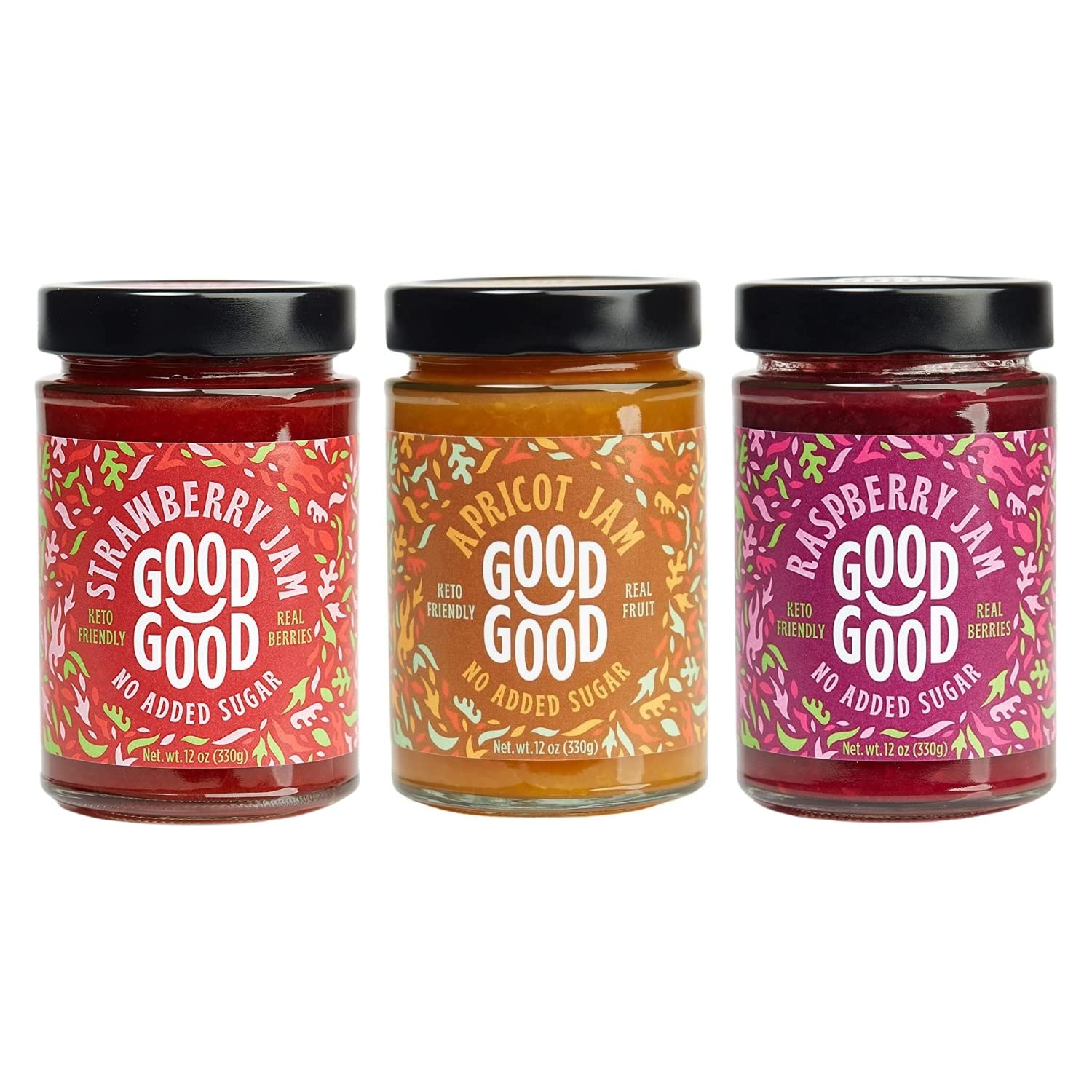 GOOD GOODSweet Strawberry, Raspberry & Apricot Jams - Keto Friendly - Low Carb & Calorie Without Added Sugars - Vegan - Gluten Free - Preserves - 330g Jars