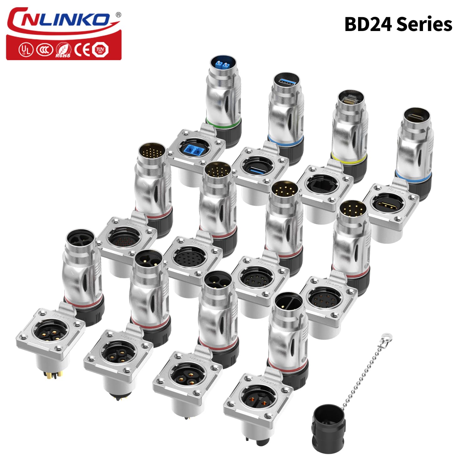 CNLINKO BD-24 Connettore RJ45 a Doppia Porta 8P8C, Ethernet CAT6, Presa a Pannello, Impermeabile IP68, M24 (Set RJ45)