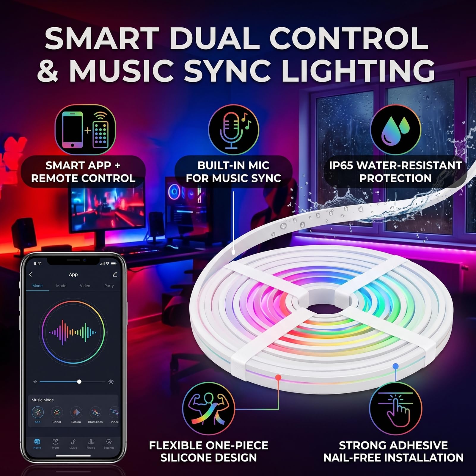 Flexible RGB LED Strip Lights mit Musik und Fernbedienung (10 m / 32,8 Fuß)