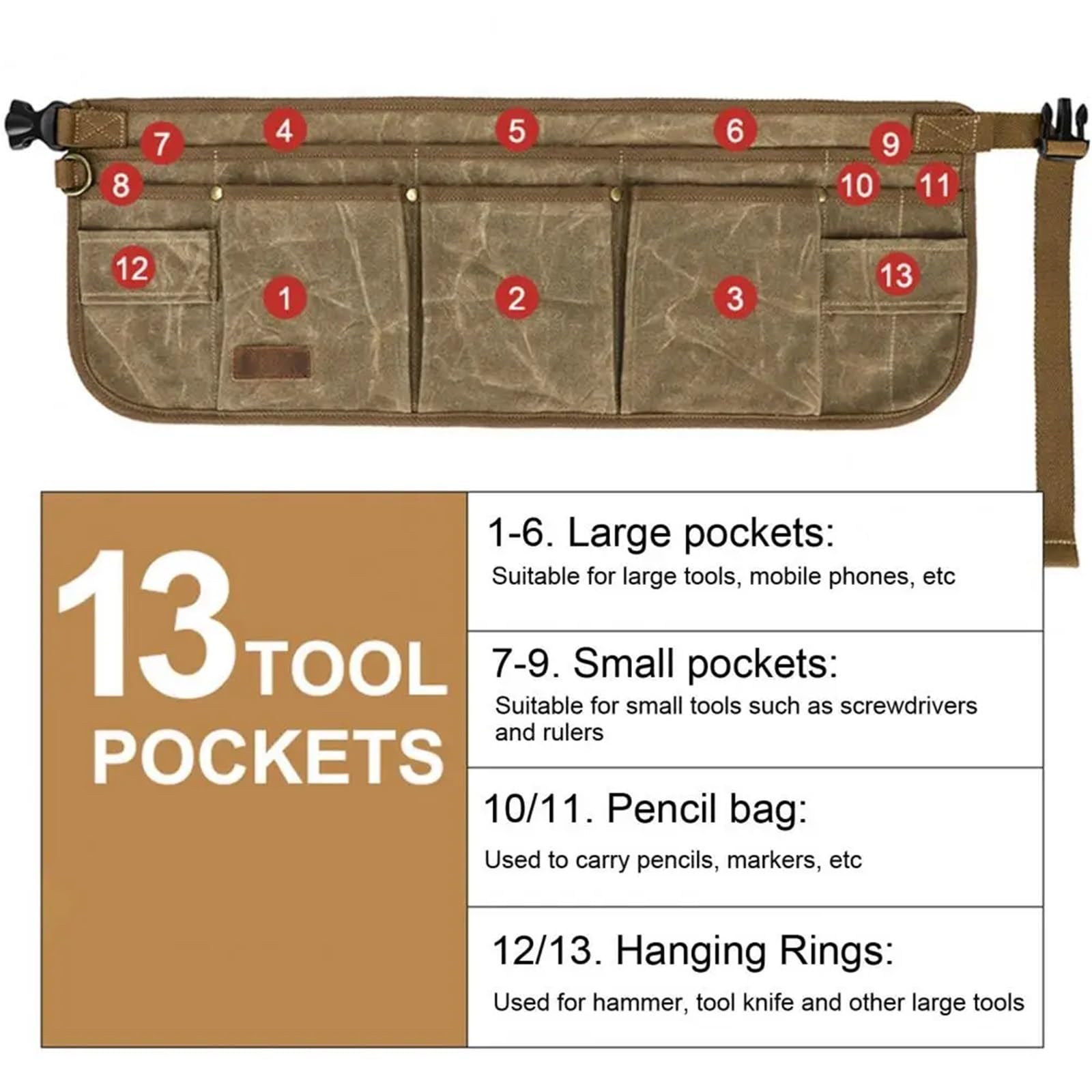Bolsa de herramientas con múltiples bolsillos, resistente al desgaste, antiarañazos, cinturón bolsillo impermeable for electricista y carpintero Para Carpintero Constructor(Khaki)