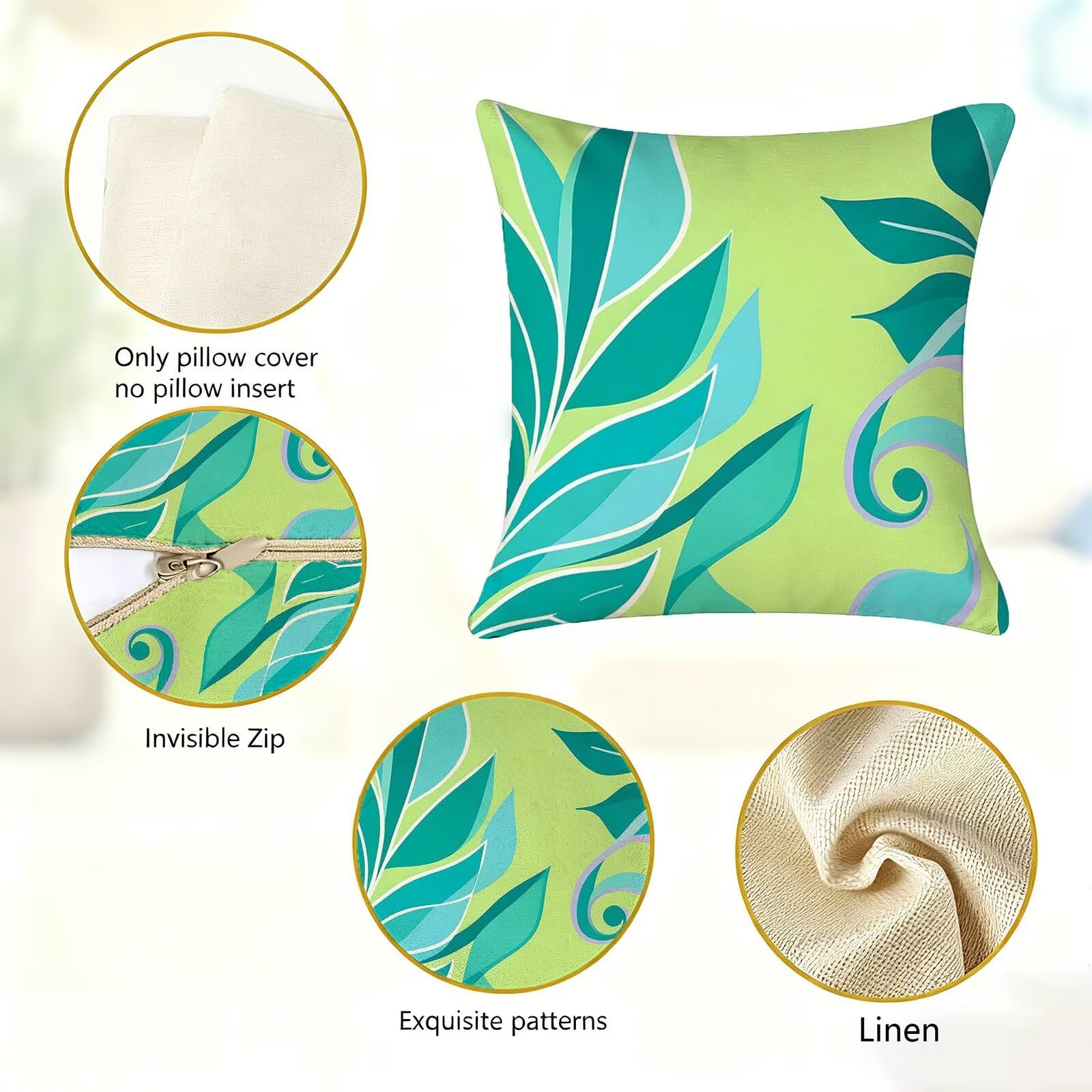 Blu Federe Cuscini Divano 65x65cm, Cuscini da Esterno Set de 4, Cod-129 | Lin Copricuscini Decorativi Letto Arredo, per Letto, Soggiorno, Giardino, Esterno, Casa Decorazione Set di 4 Foglie