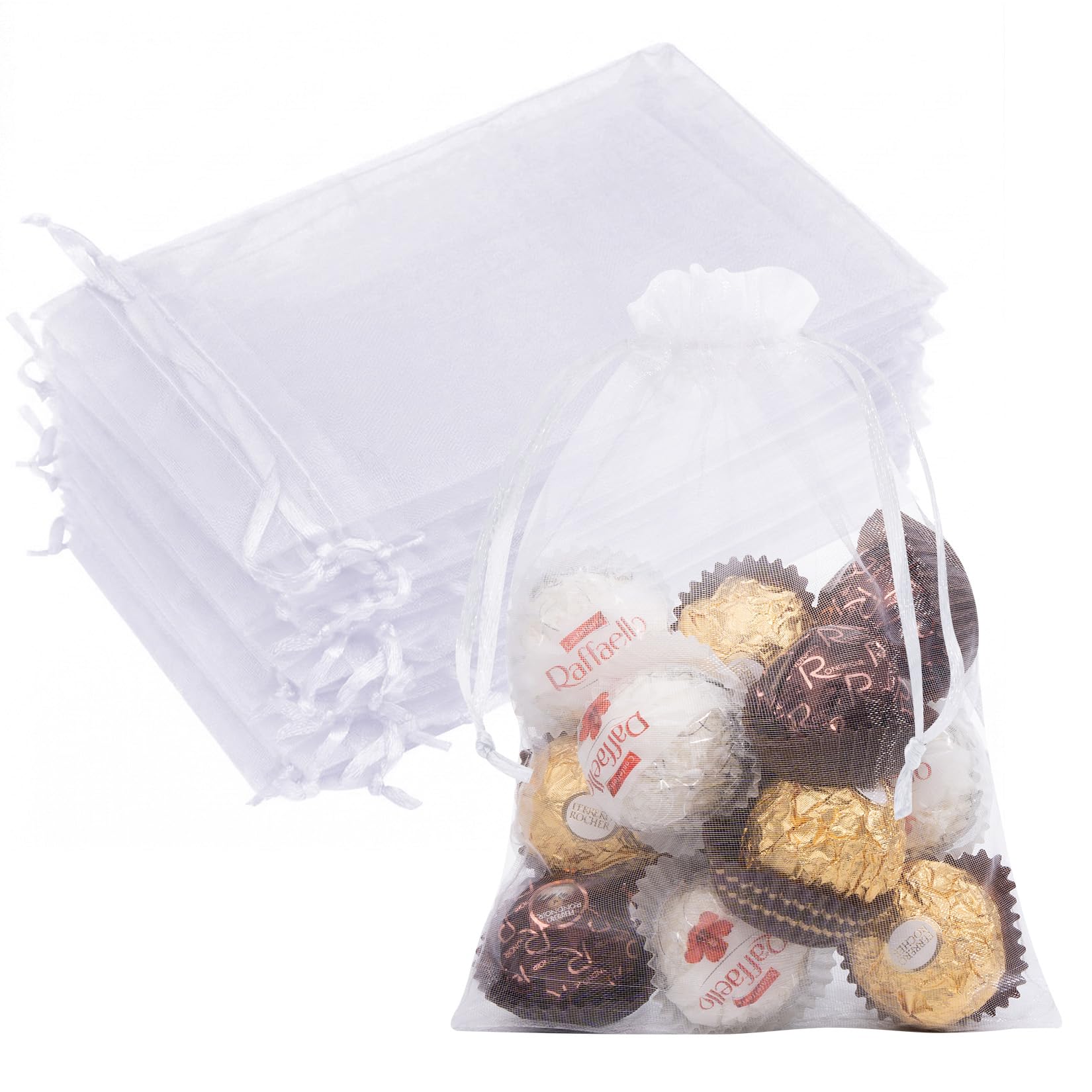 50PCS White Organza Bags 5x7, Small Gift Bags Cute Mesh Drawstring Gift Pouches Sheer Clear Baggies for Jewelry Candy Sachet Soap Treats Wedding Birthday Halloween Christmas Party Favors Gifts