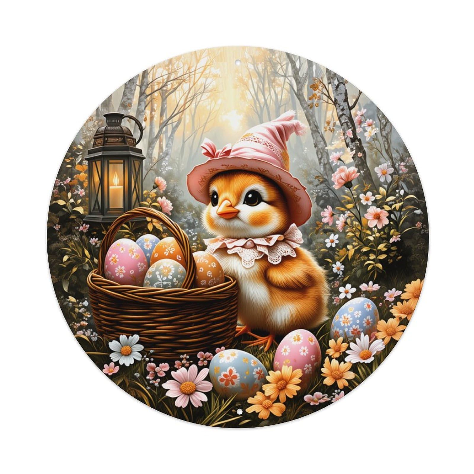 Chick Easter Basket Flowers Lantern Round Tin Sign Retro Metal Sign for Cafe Bar Pub Home Game Room Gym Club Wall Decoration Vintage Metal Poster 8x8 Inch