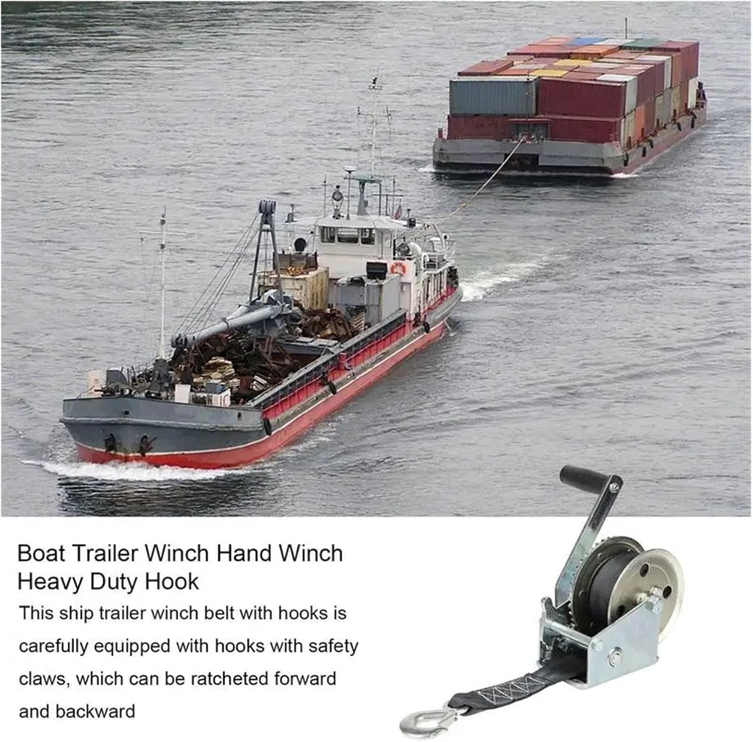 Trailer Hand Winch Two Way Heavy Duty Hand Winch Steel Construction Manual Winch with Polyester Strap & Hook for Towing Boat Precisely Control The Movement
