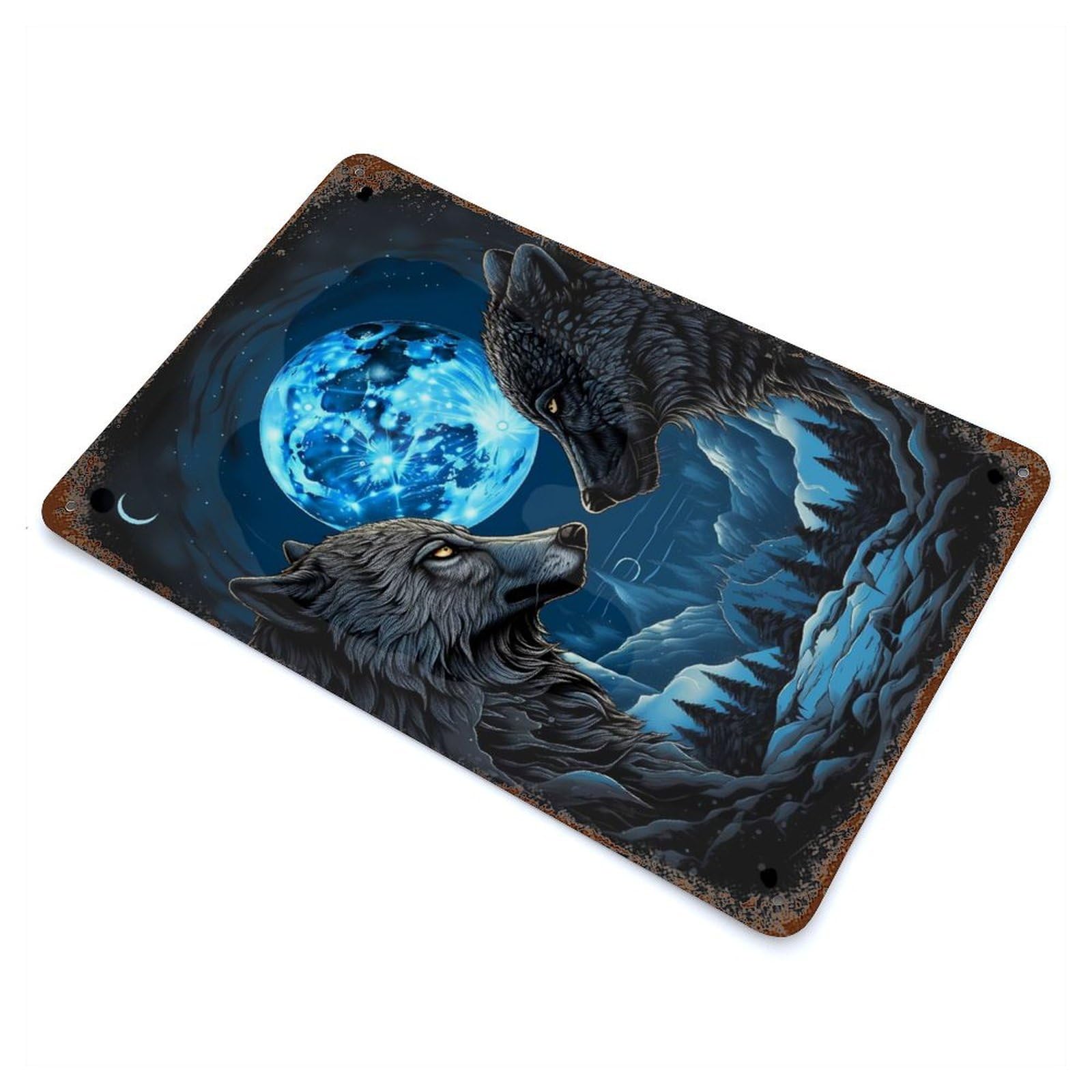 Wolf Moonlight Vintage Rusty Metal Tin Sign 11.8"x7.9", for Basement, Hobby Room And Garage Decor, Retro Wall Decor