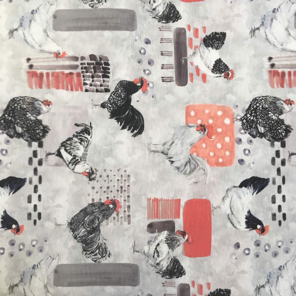 Kt KILOtela Digital Printed Canvas Duck Fabric, Upholstery, Headboards, Accent Pillows, Handbags, Tote Bags, Aprons, Drapery, 100 cm Length x 280 cm Width, Chickens, Grey, White, Black, Red ― 1 metre