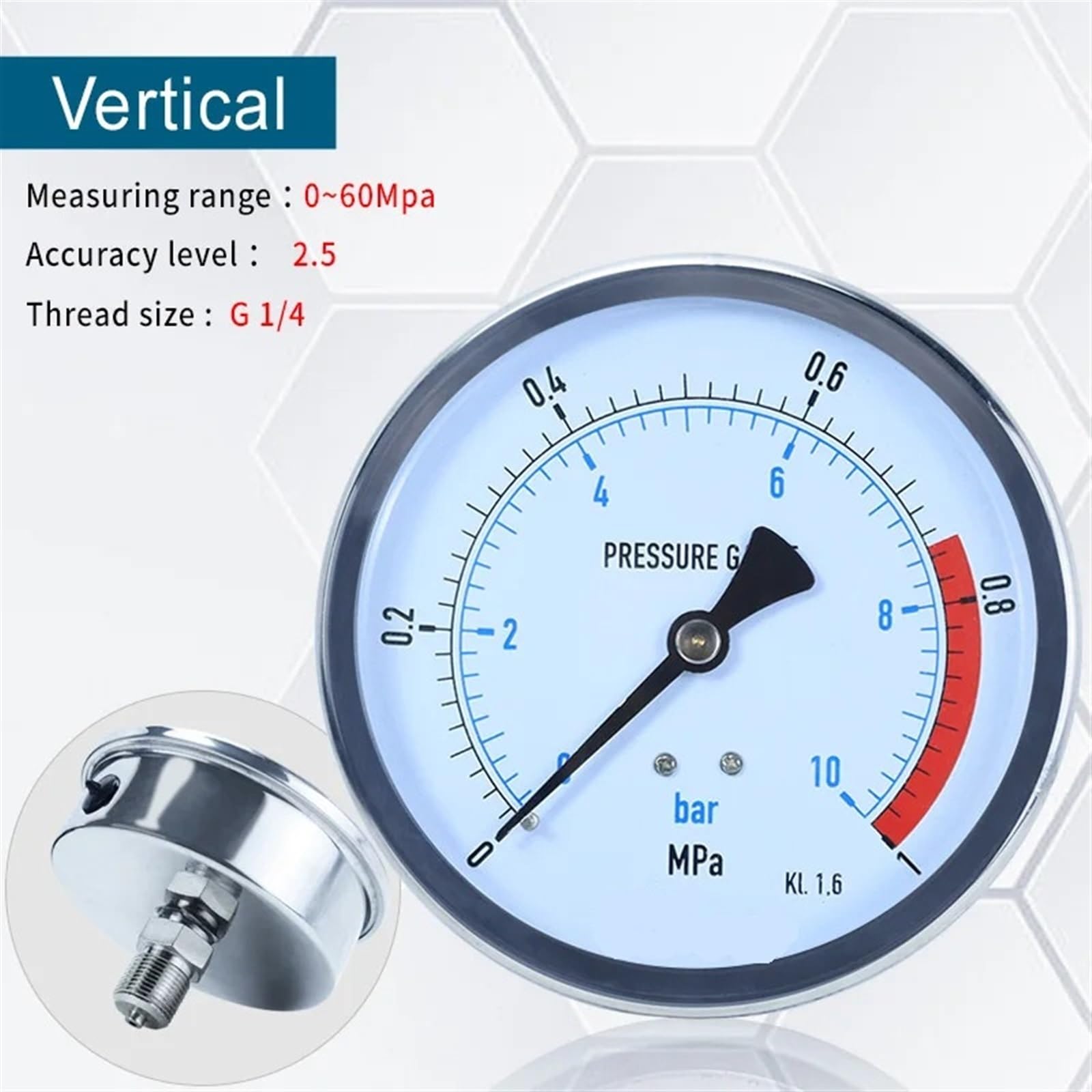 Manometro 0-60MPa Verticale antivibrazione in Acciaio Inossidabile glicerina Idraulico Acqua Olio Aria Filettatura G1/4 G1/2 manometro Digitale (Un Quarto Verticale, 0-0,1 MPa)
