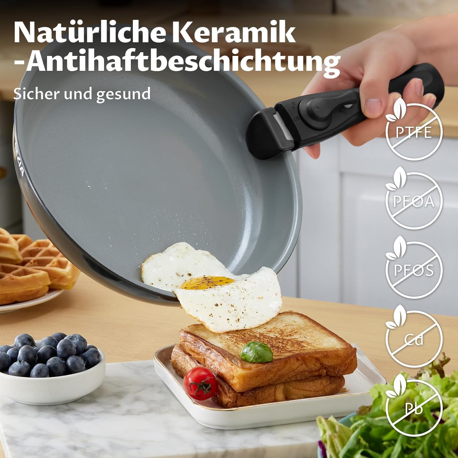 BEZIA Pfannenset mit Abnehmbarem Griff, Camping Bratpfannen Set Keramik-Antihaftbeschichtung Pfannen Induktion für Wohnmobil & Kleine Küche, Stapelbar, Ofenfest, PFAS-frei, 20+24+28 cm