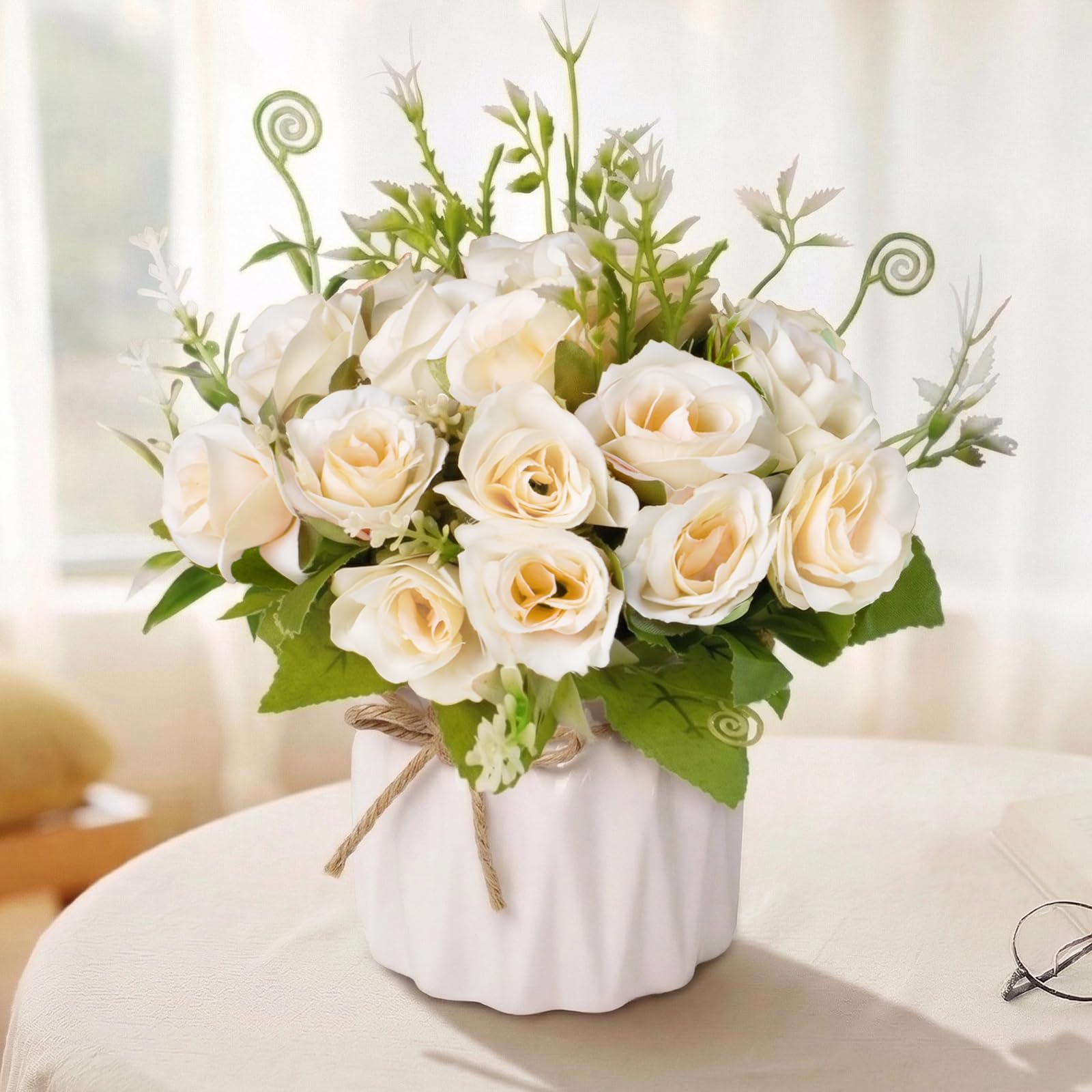 Mandarooker Fake Flowers with Vase,White Roses Artificial Flowers in Vase