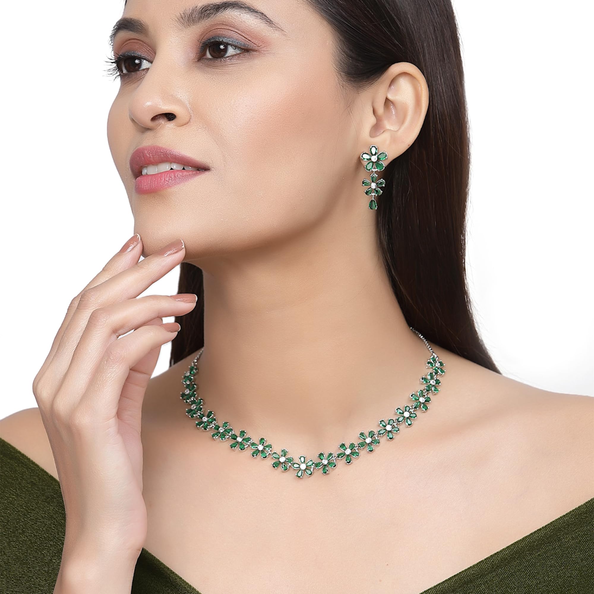 American Diamond Flower Jewellery Set (Green)