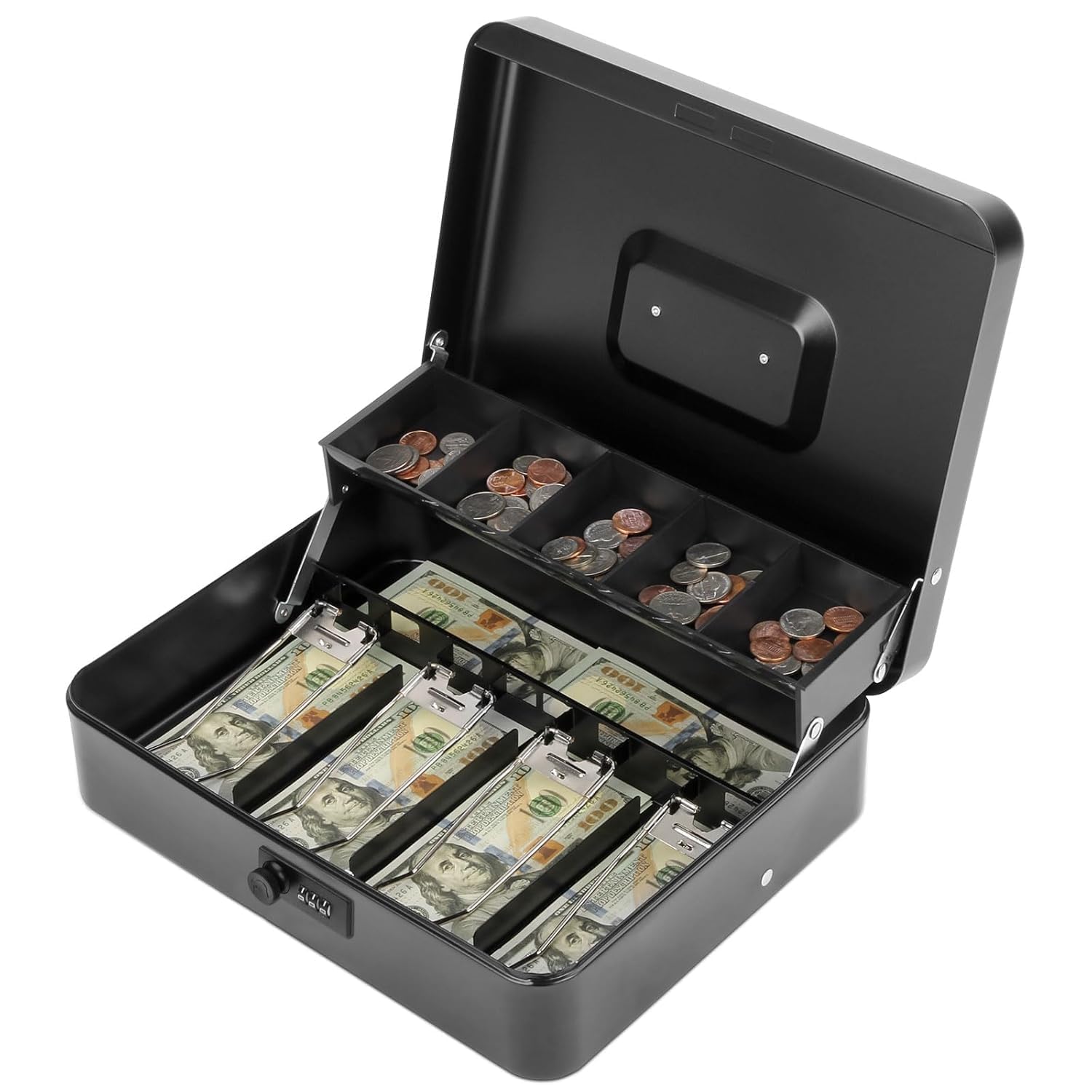 Krivon Cash Box with Combination Lock, Metal Cash Box with Money Tray, Cash Register,5 Compartments Cantilever Tray & 4 Spring-Loaded Clips for Bills,11.81"x 9.45"x 3.54" (Black - Combination Lock) (B0DBHZ8KCC) Amazon Price History, Amazon Price Tracker