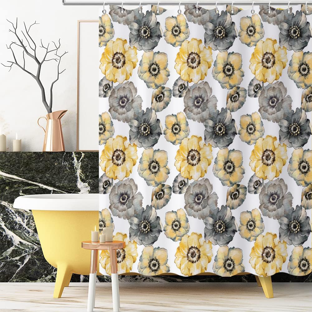 Caheansi Floral Shower Curtain, Yellow and Grey Watercolor Peony Flower Bloosom Plants Bathroom Curtain Waterproof Fabric Machine Washable with Hooks, 72" Wx72 L