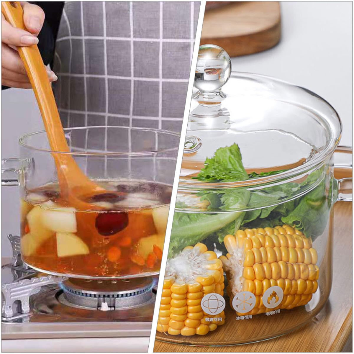 2stücke Transparente Glas kochschüssel mit Deckel Hitzebeständig für Instant Nudeln Suppen Eintöpfe für Induktions Gasherde