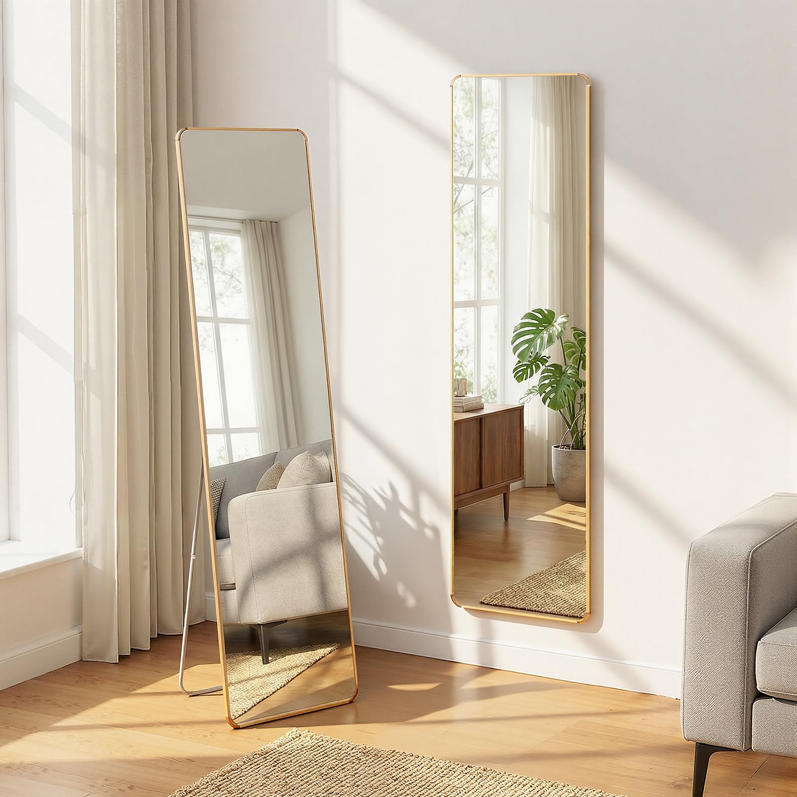 Warmiehomy Standing Full Length Mirror, 155x45cm Rectangle Full Body Long Mirror Hanging or Leaning Against Wall for Bedroom Living Room(Gold)