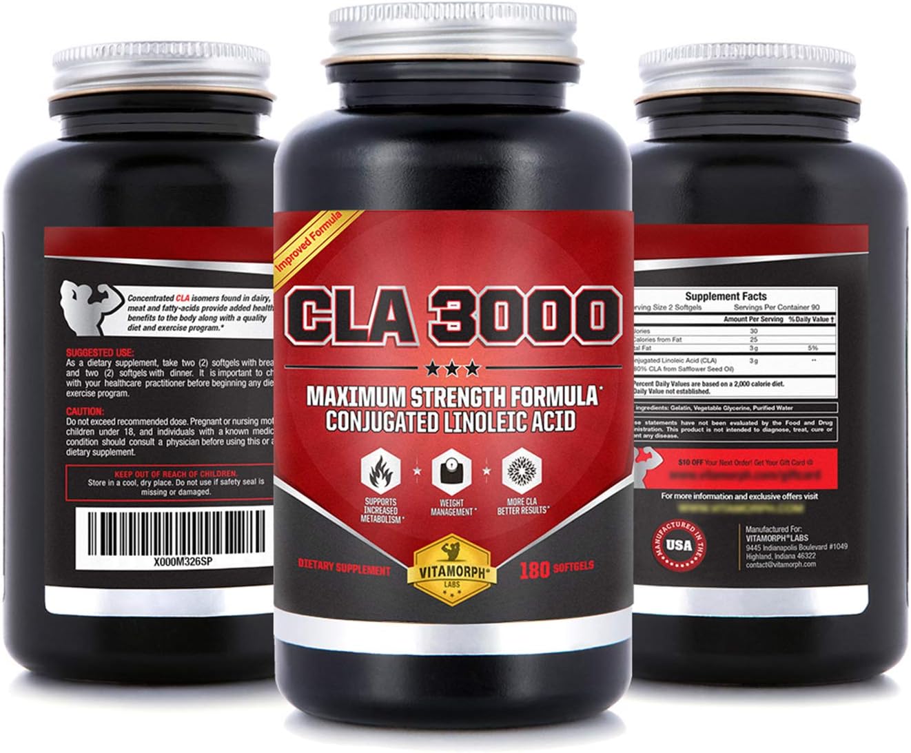 CLA 3000 - CLA Safflower Oil for Metabolism and Weight Loss Management, Maximum Strength Conjugated Linoleic Acid, Stimulant-Free Non-GMO Safflower Cla by Vitamorph Labs - 180 Softgels : Health & Household