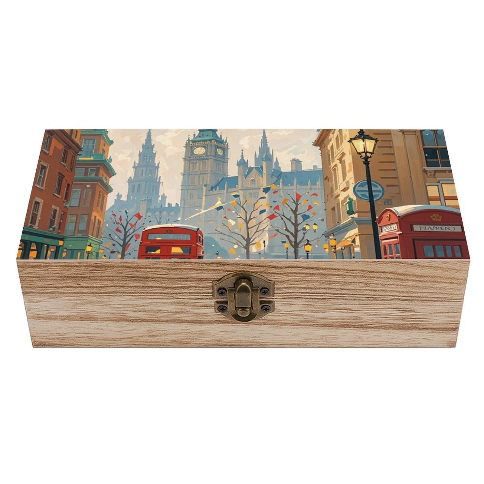 HLBSDM London Impression Memory Jewelry Wooden Box, Large Wooden Treasure Chest Boxes with Hinged Lid, Photos Storage Case for Women Men, Wooden Keepsake Box, 7.9'' X 3.9'' X2.3''