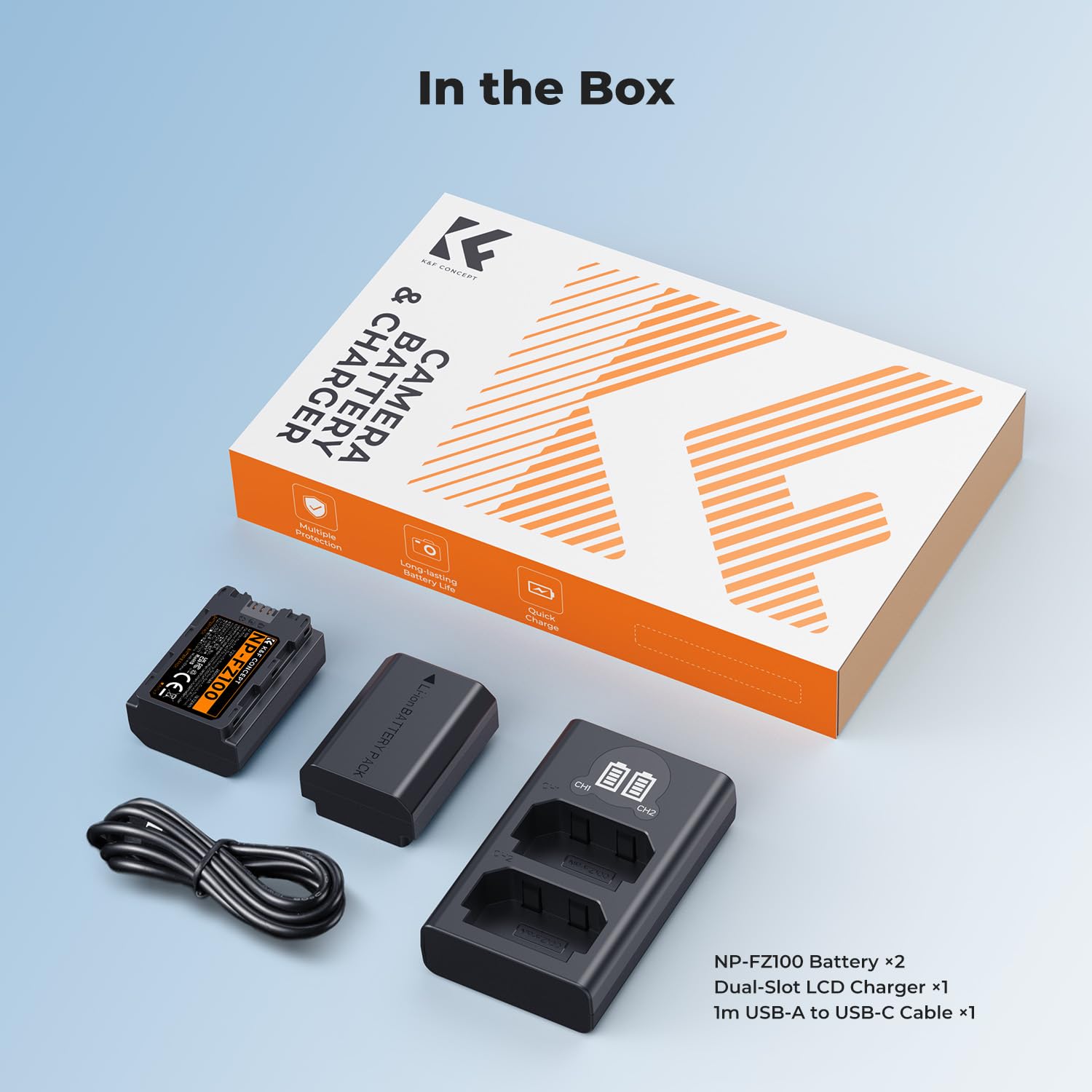 K&F CONCEPT NP-FZ100 o dużej pojemności 2600 mAh, dwa akumulatory i jedna ładowarka, zestaw 2 akumulatorów do aparatów Sony Alpha A7III, A7IV, A7R III/A7R3, A7RIV, A7RV, A7C, A7S III/A7S3, A9, A9II, A