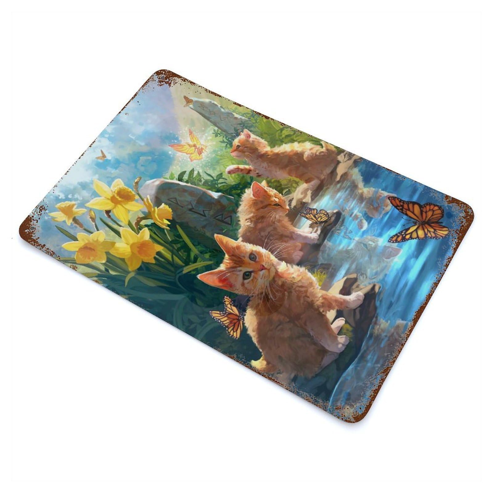 Kittens And Butterflies Rustic Tin Plaque 11.8"x7.9", Farmhouse Wall Decor for Shed, Workshop And Garage Wall Decor