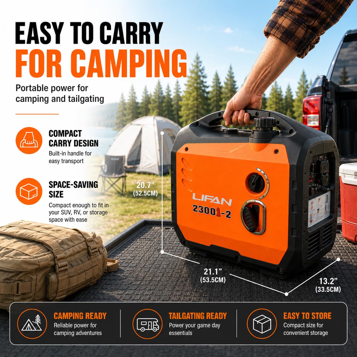 LIFAN Generador inversor de gasolina de 2300 W, portátil, silencioso y eficiente en combustible, solución de energía para el hogar, camping, RV y uso de emergencia con capacidad paralela