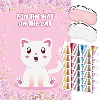 Pin The Hat on The Cat Party Games, Cat Birthday Party Games, Cat Games Poster for Cat Themed Pet Birthday Party Decoration Party Supplies for Birthday Party Supplies 36 Guests