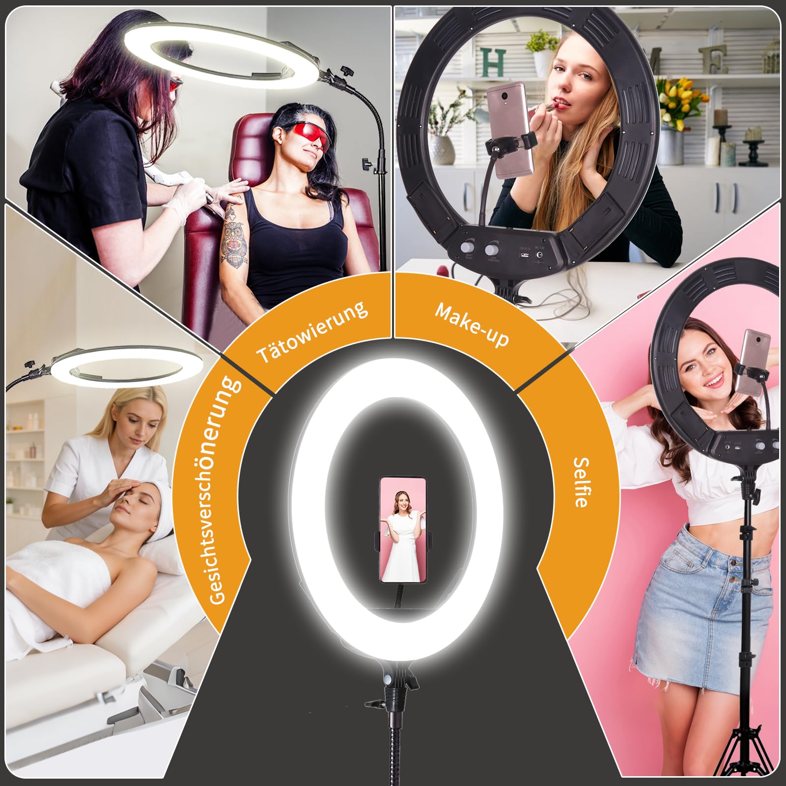 18 Zoll LED Ringlicht mit Stativ, 38 W 3200-5600K Dimmbare, für Beauty-Fotografie, YouTube TikTok, Make-up, Selfie, Porträt, Tattoo, Augenbrauen