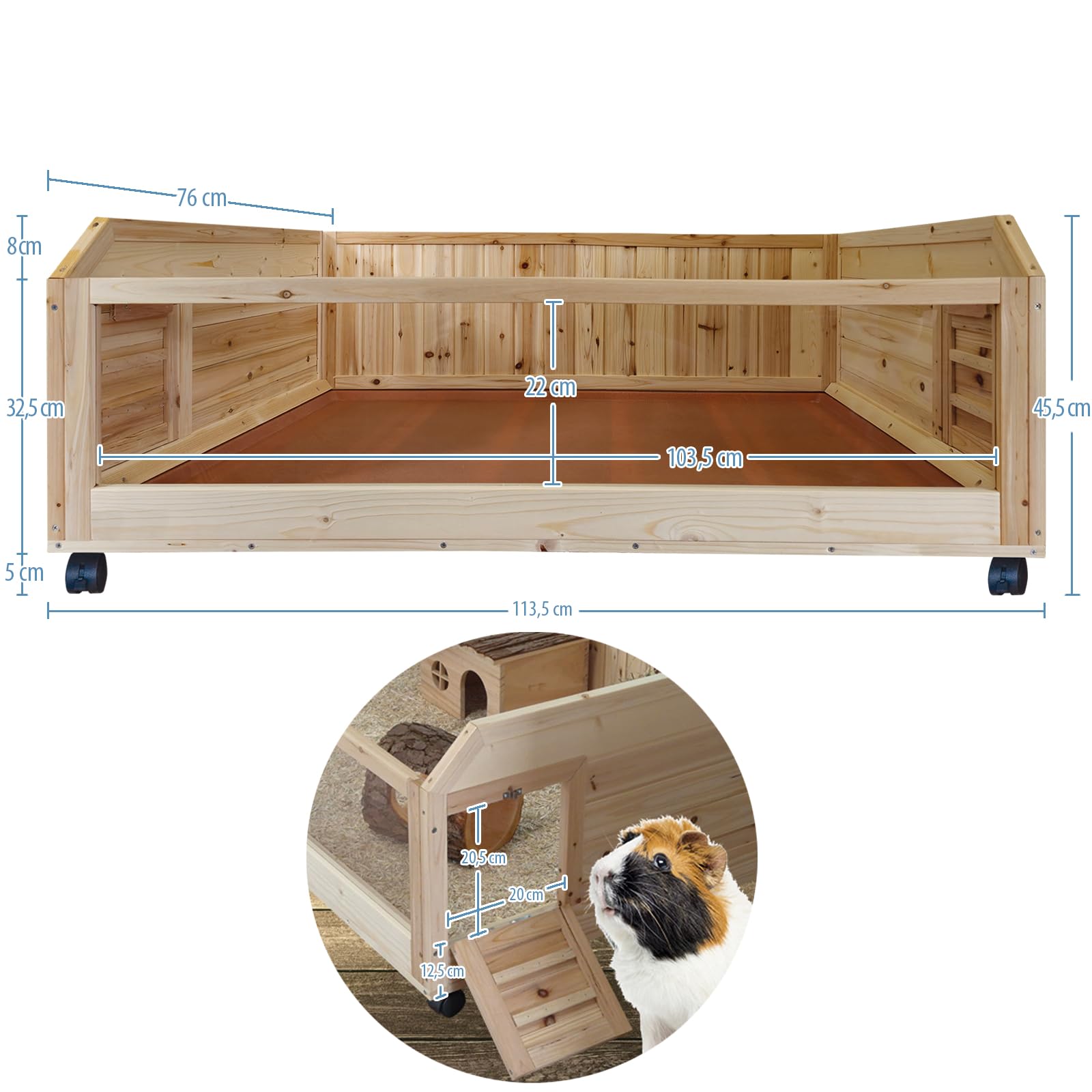 Meerschweinchen Stall aus Kiefernholz - 113 cm - Kleintierstall - auf Rollen - Gehege