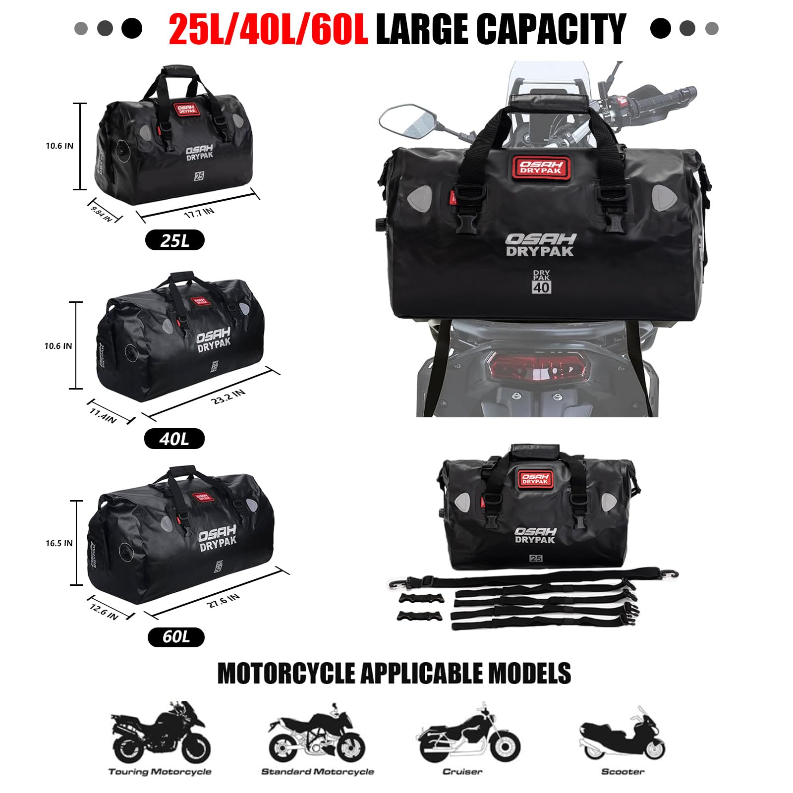 Motorrad wasserdichte Trockentasche 60L Rolltop-Hecktasche Camping Kajak Angeln Reisen Offroad Schlammbraun