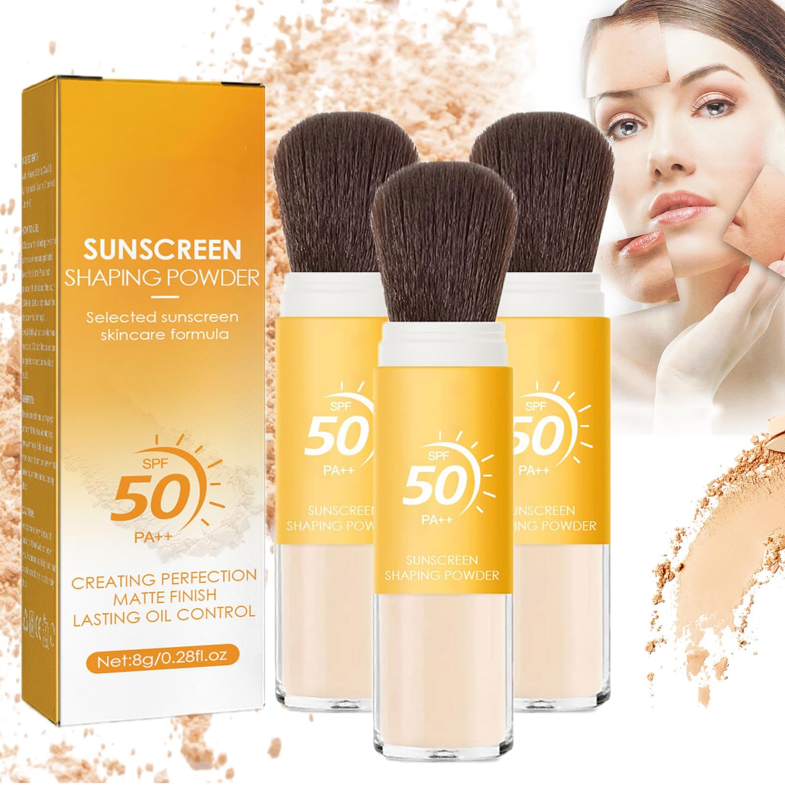 Mineral Sunscreen Setting Powder, SPF50+ Brush On Sunscreen Powder Sunscreen for Scalp, Hair Sunscreen with Broad Spectrum UV Protection, Oil Control Natural Matte Finish, Easy to Apply (3pc)