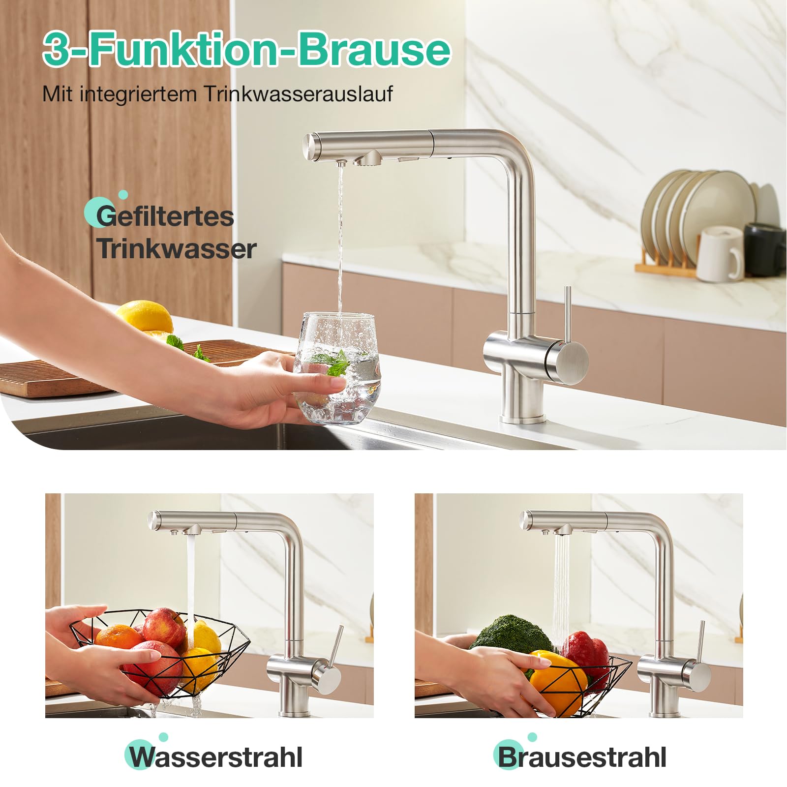 Faustina 3 Wege Küchenarmatur mit Brause ausziehbar, Einhebelmischer Armatur Wasserhahn Spültischarmatur Trinkwasserhahn Küche für Osmoseanlage Umkehrosmose und Wasserfilter gebürstet