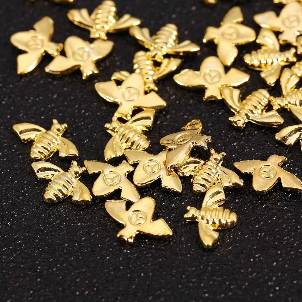 Metal Nail Decoration, 2 Colors 100pcs/Bag Metal Bees 3D Nail Decoration Metal Stick Gold Silver Nail Decals Manicure (Gold)