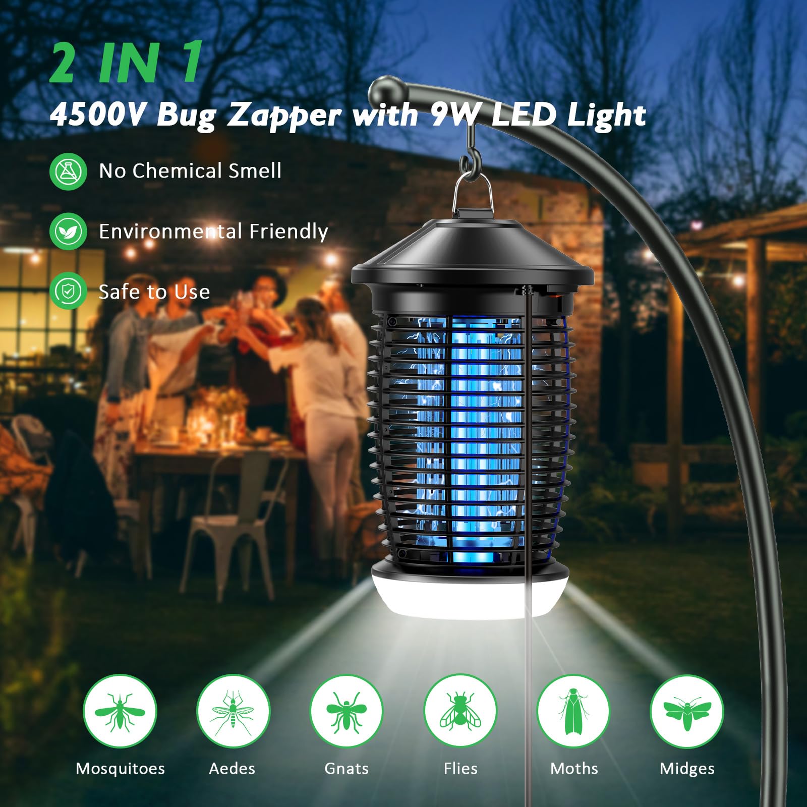 PALONE Lampa na komary elektryczna 4500V, 20W UV + 9W LED, 3m kabel - Bezpieczna siatka do kuchni/ogrodu