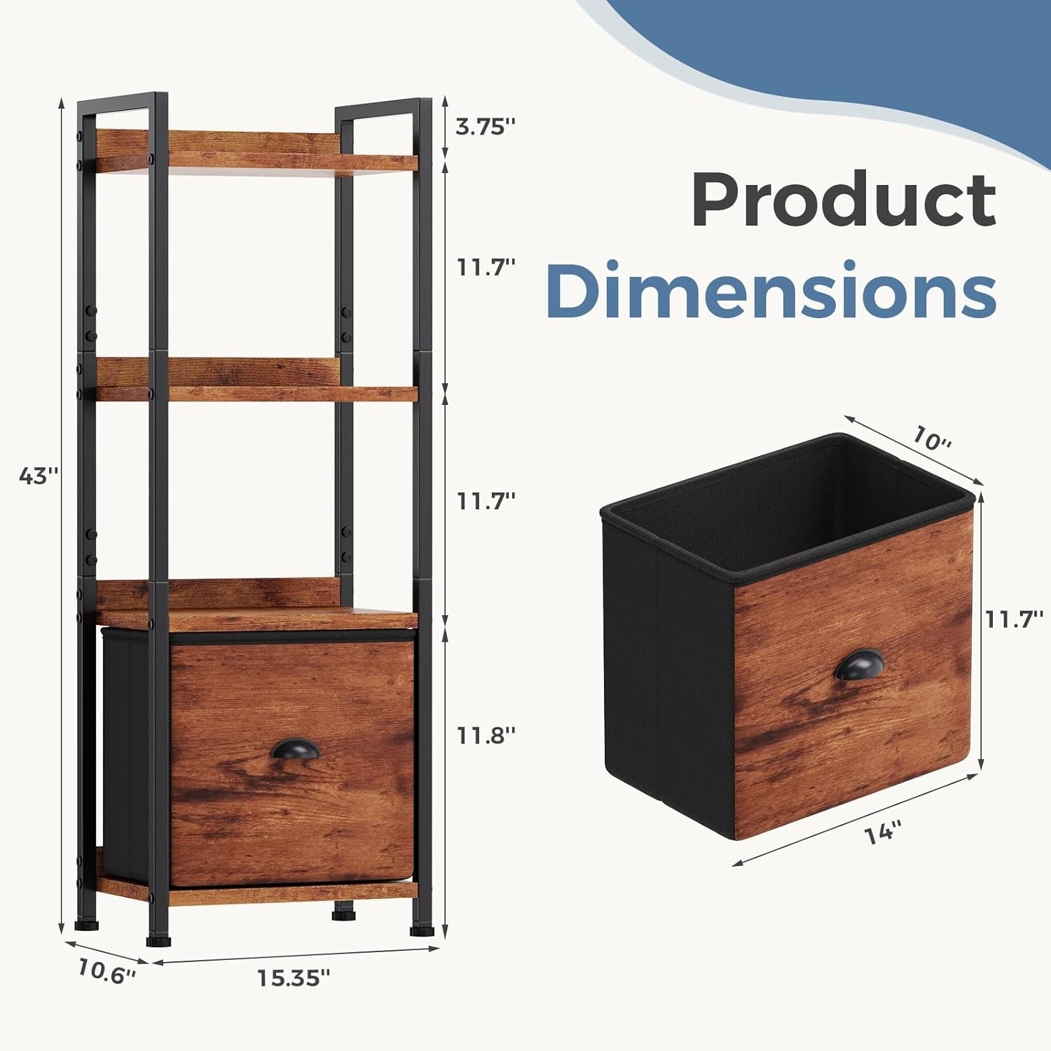 4 Tier Bookshelf with Drawer, Tall Narrow Bookcase Storage Organizer, Wood and Metal Industrial Display Standing Shelf Unit for Bedroom Living Room Office, Rustic Brown