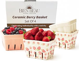 NOSTALGIE Farmhouse Ceramic Berry Basket, Strainer Bowl, Rustic Kitchen Decor Fruit Baskets, Pink White and Strawberry Pattern Stoneware Decorative Bowl Set of 4