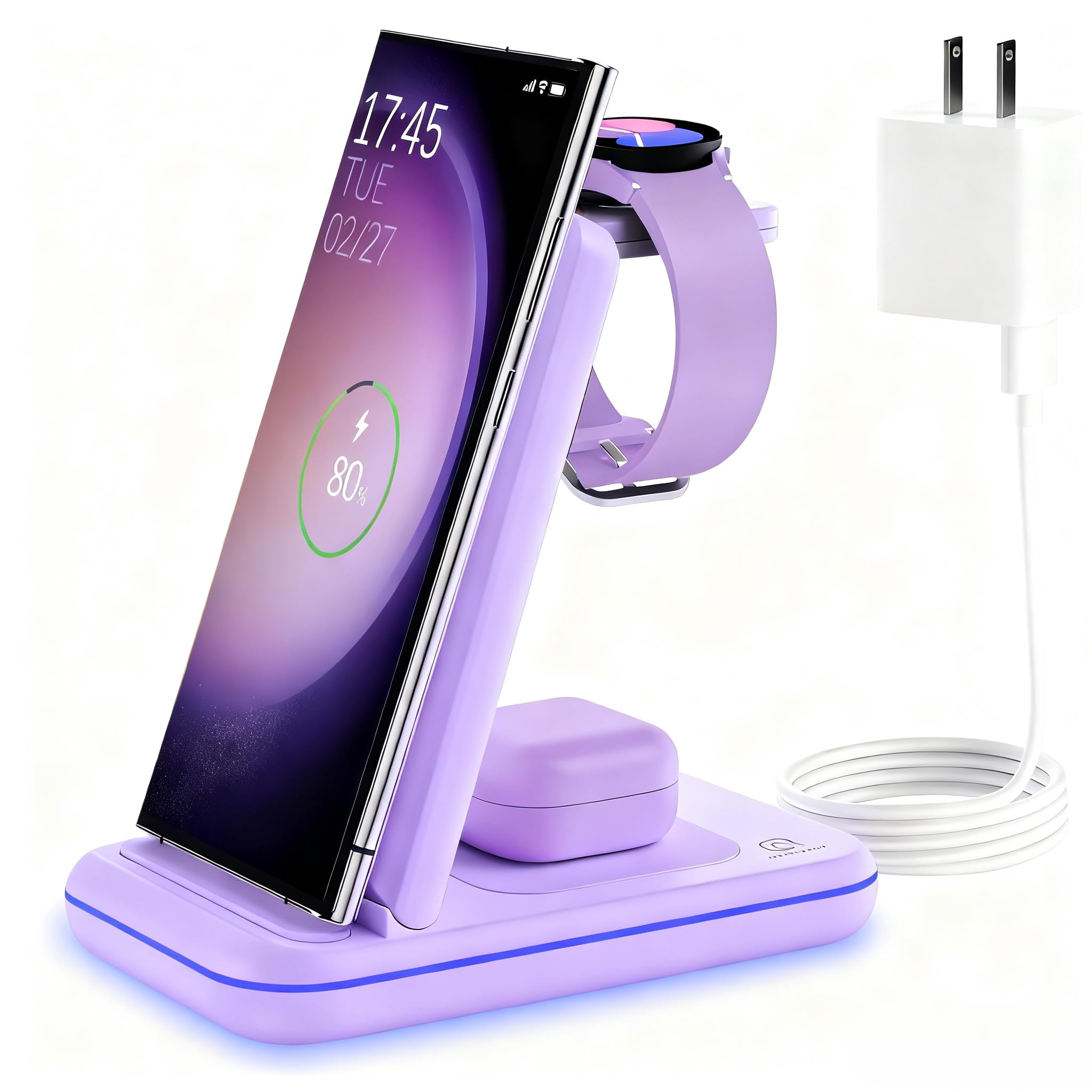 Station de charge sans fil pour Samsung/Android, station de charge rapide sans fil compatible avec Samsung Galaxy S26 Ultra/S25/S24+/Z Flip 7/6 Fold 7/6, Watch8/7/Pro/Active 2 Galaxy Buds3/2 Pro