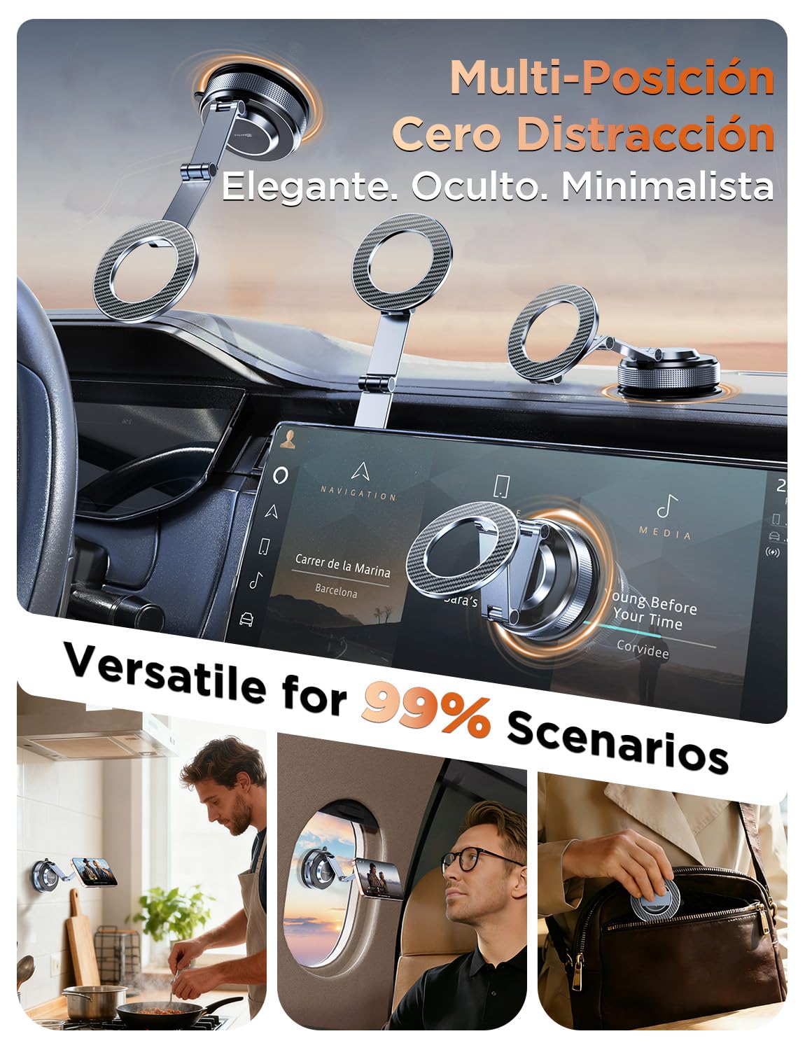 MSXTTLY Soporte Móvil Coche – Vmag S3 2026 Soporte Magnético al Vacío con Imanes Potentes y Brazo Doble de Aleación, Compatible con iPhone 17 Pro MAX, iPhone 16–12 y Android (con Anillo Magnético)
