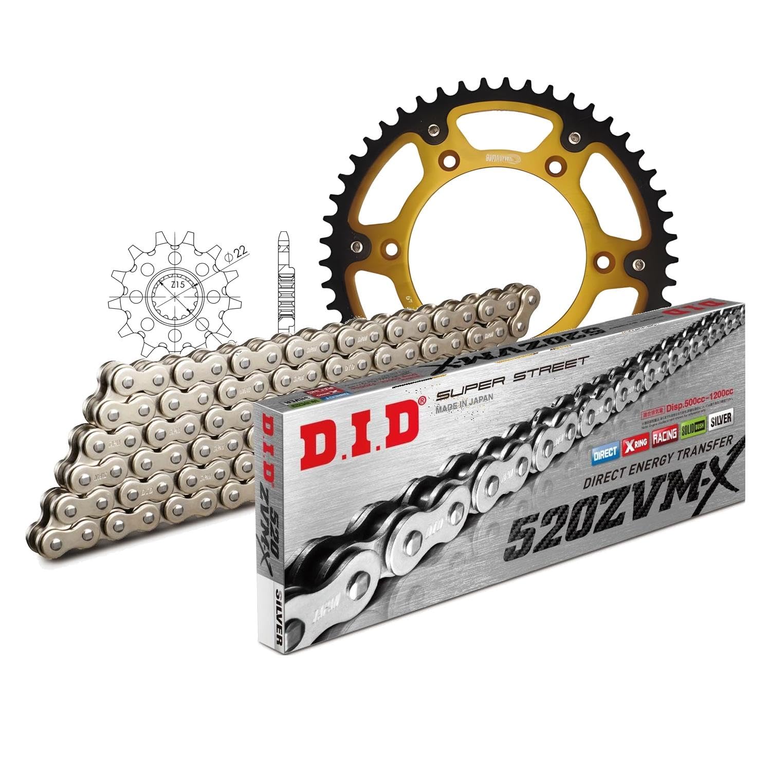 Jeu de chaînes DID Stealth 520ZVM-X/118 - Avec rivets dorés, pour KTM Duke SX EXC RACING SX-F Racing LC4 EGS Super Competition RC EXC-F 150-520 cc