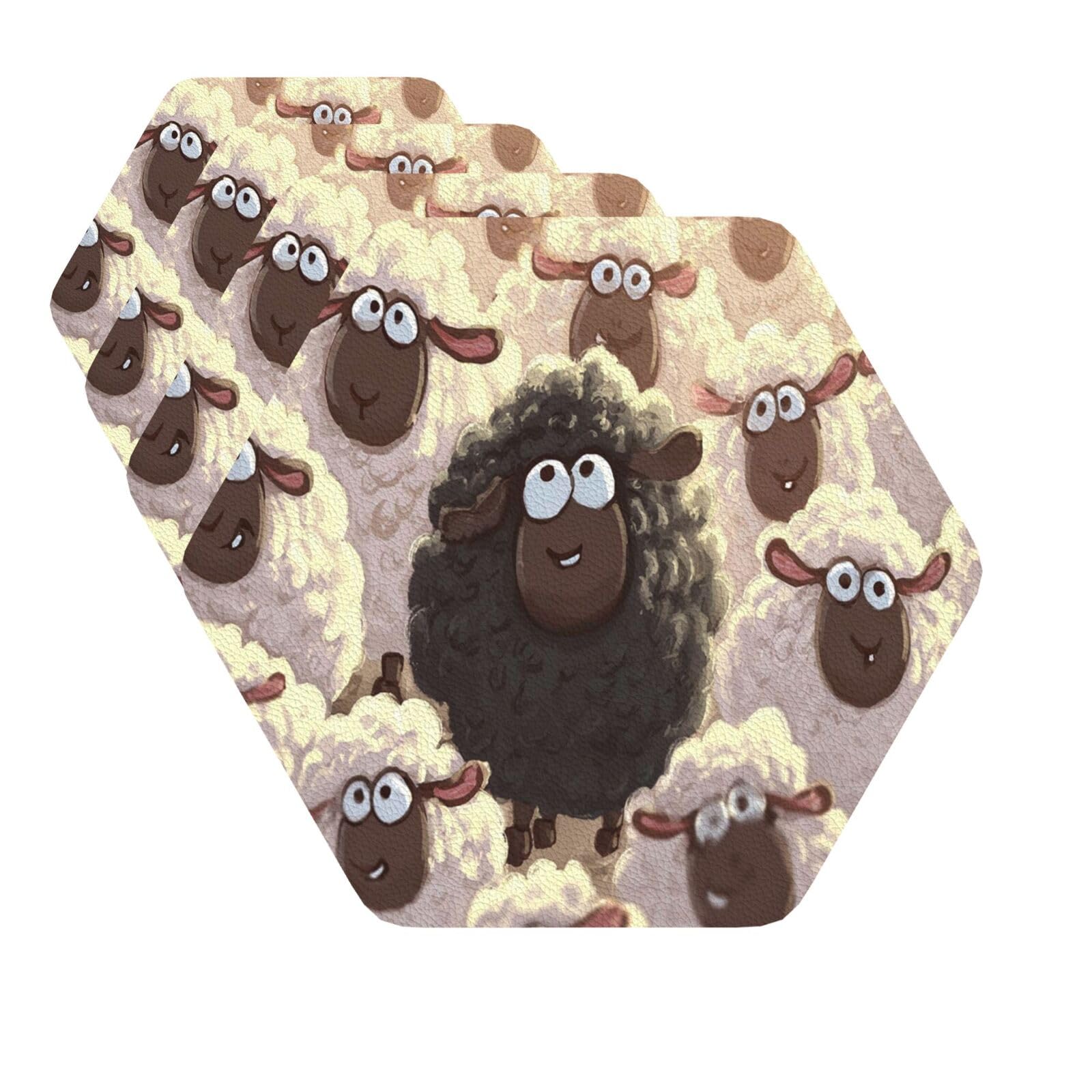 Drink Coasters Set of 4 Quick-Dry Leather Coaster Cartoon Black White Sheep Coasters for Drinks Coffee Cup Mat Tabletop Protection Heat Resistant Coaster for Kitchen Bar Office Home Decor