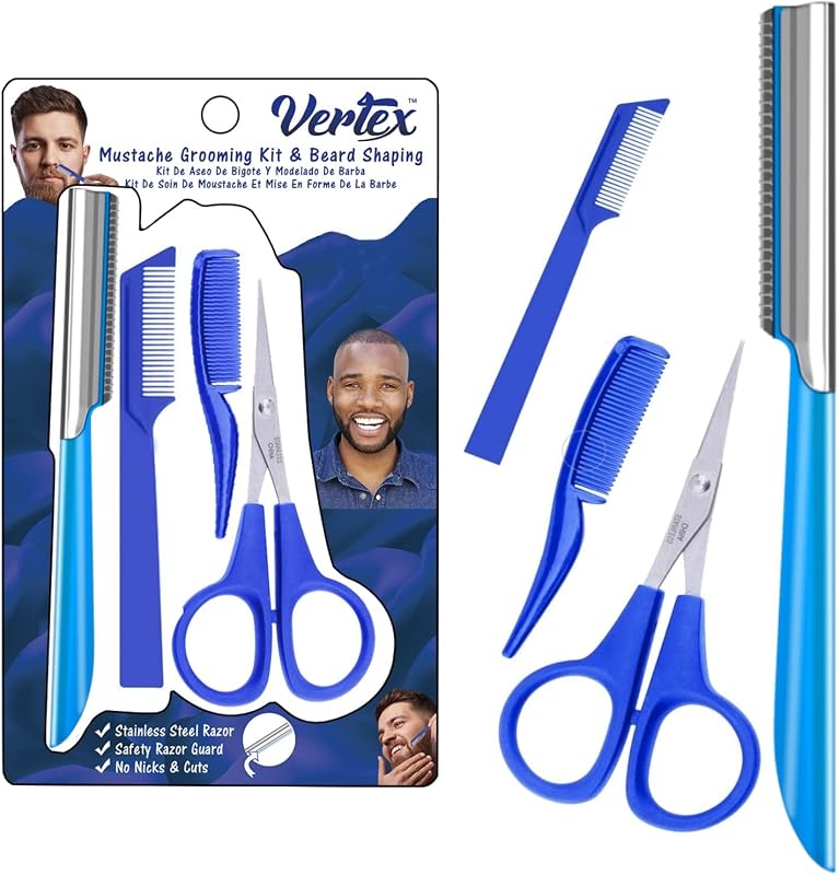 Tijeras para bigote, kit de aseo, peine, afeitadora de viaje Movember, recortadora de barba para hombre, borde recto, herramienta de modelado de acero inoxidable para hombres después de teñir color negro, perilla, cortadora, bálsamo, peines, cepillo de lavado