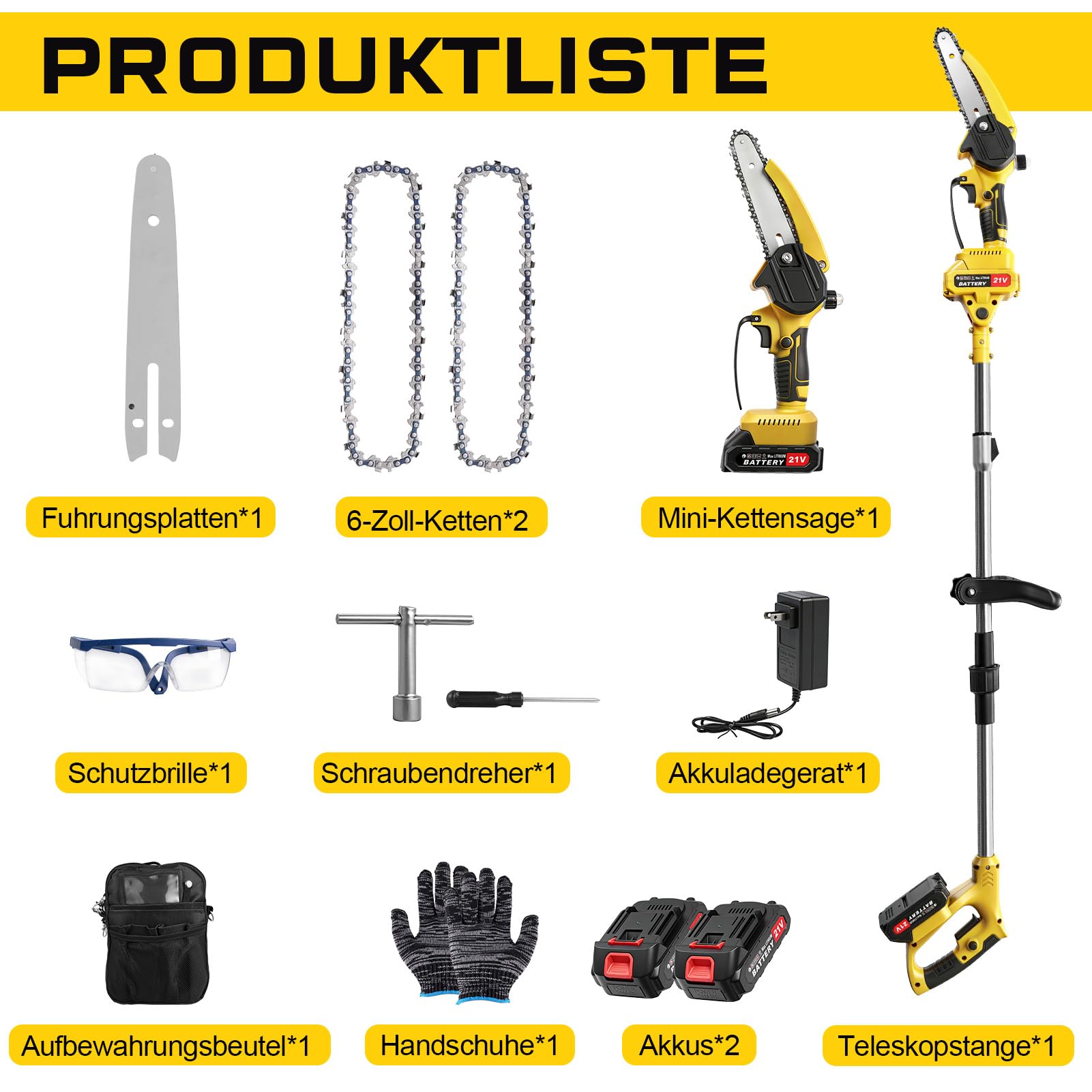 2-in-1 Hochentaster Akku & 6 Zoll Mini Kettensäge mit 2×2.0ah Akku, Bürstenloser Motor, Arbeitshöhe bis1.72m, 21V Teleskop Astsäge Astschere Hochentaster Elektrisch für Baumzweige, Holzschneiden