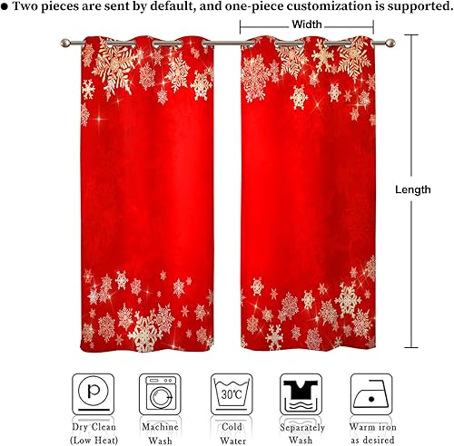 Miniatura 6 de Renaiss Cortinas de ventana de Feliz Navidad de 42 pulgadas de ancho x 96 pulgadas de largo, copos de nieve blancos y cortinas opacas rojas de