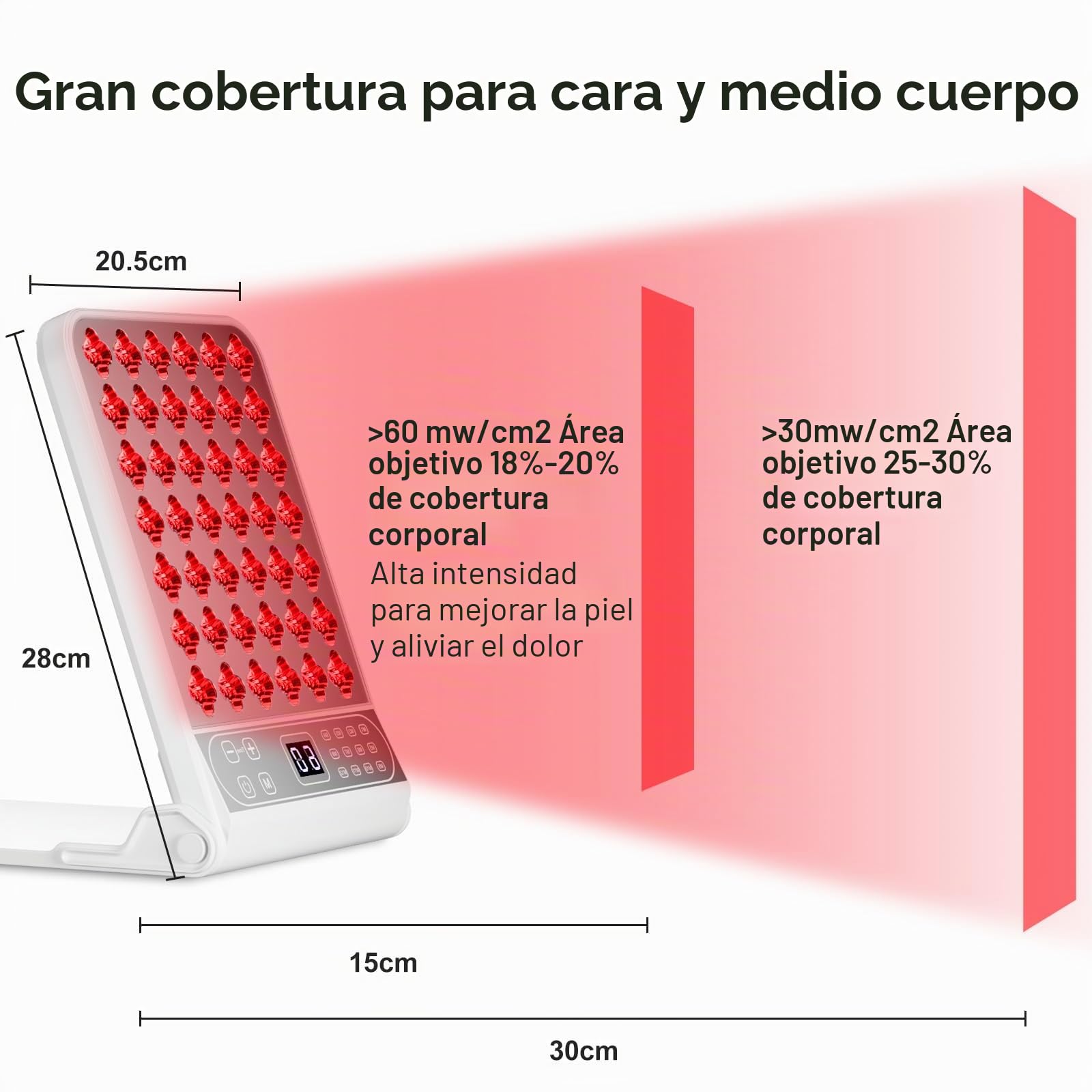 Lámpara Luz Roja Panel, Lampara Infrarroja con 4 Longitudes de Onda(Rojo 660nm/Infrarrojos 850nm/Amarillo 583nm/Azul 423nm),12 Modos y Temporizador (No produce calor) (Plata)