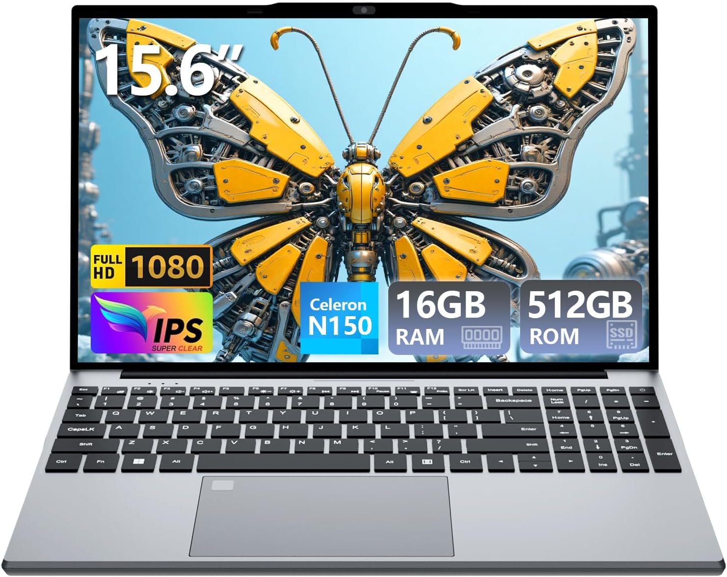 Computadora portátil 2025, computadora portátil con Celeron N150, tapa superior con 16 GB DDR4 512 GB SSD, IPS 1080P de 15.6 pulgadas, teclado