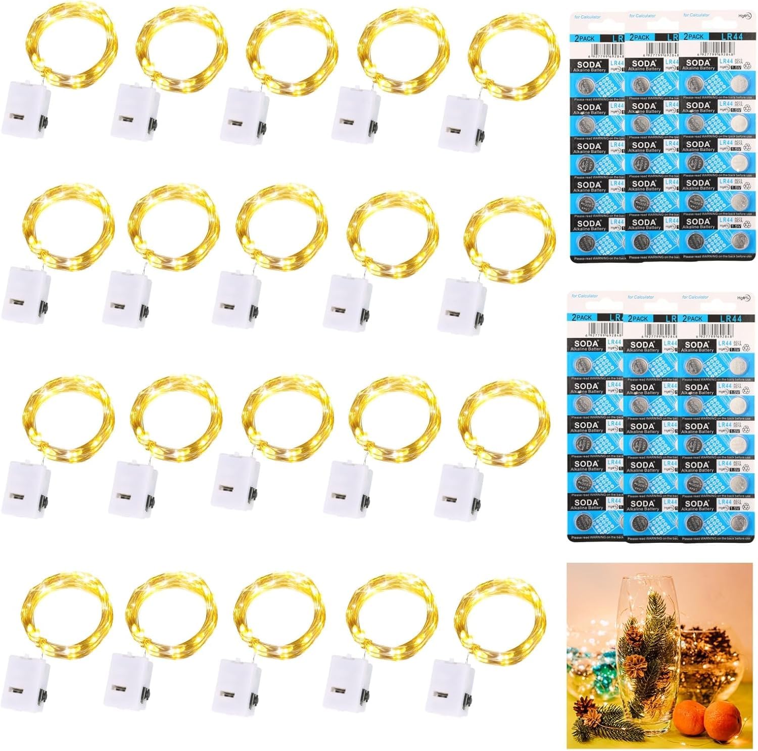 Dooozy Fairy Lights, 20 Pack 2M 20 LED String Lights Battery Operated and 60 pcs Battery Extra Copper Wire 3 Twinkle Lighting Modes Waterproof for Indoor Outdoor Decor(Warm White)