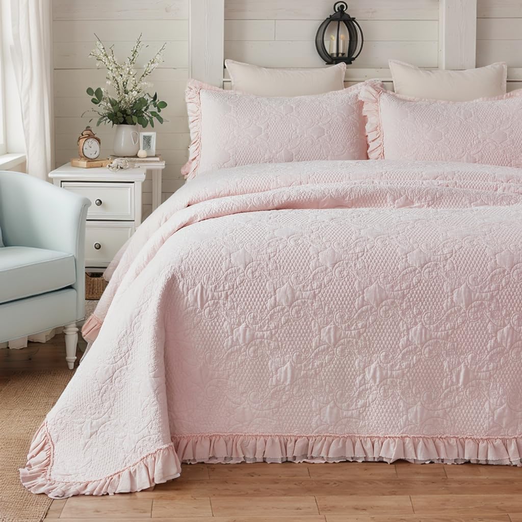 Brandream King Size Quilt Set Cotton Pink Quilts Cottagecore Paisley Matelasse Coverlet Set Ruffle Bedspreads 3-Piece