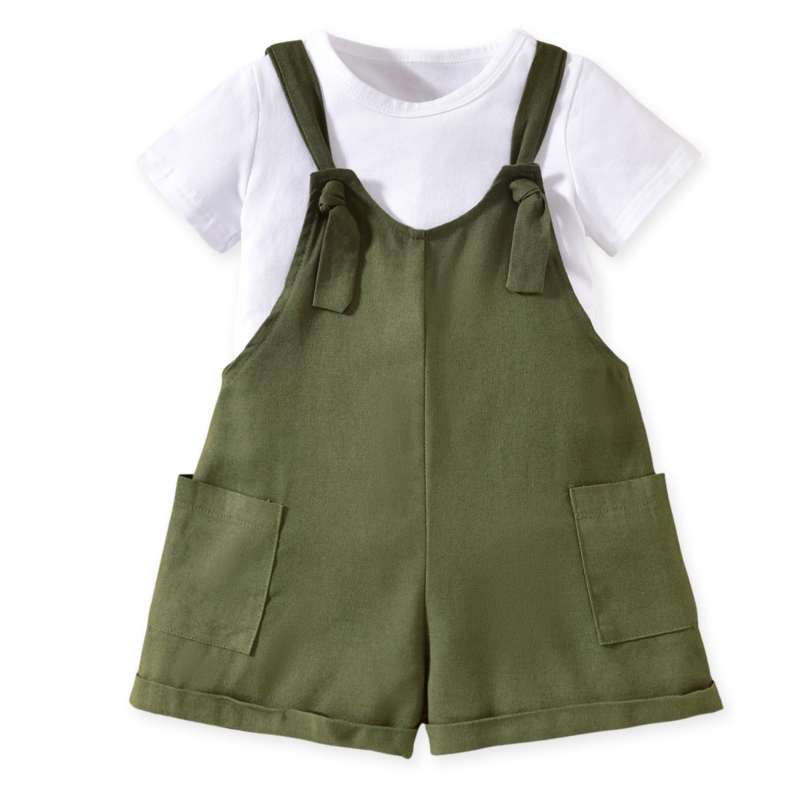 HINTINA Toddler Girl Overall Shorts Set Adjustable Loose Jumpsuit Short Sleeve T-shirt Vacation Summer Outfits with Pockets